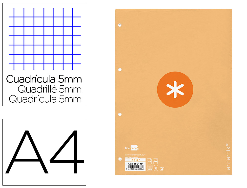 RECAMBIO ANTARTIK A4 80 HOJAS 90GR CUADRO 5MM 4 TALADROS 1 BANDA CON MARCO COLOR PEACH